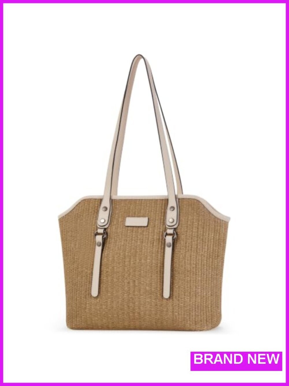 Straw Woven Vegan Leather Tote Bag with Zipper Closure, Large Capacity for